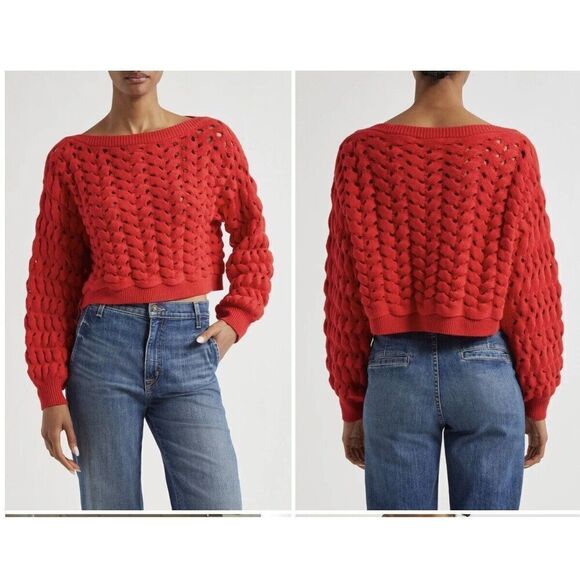 New $495 Alice + Olivia Chunky Open Stitch Cotton & Wool Blend Sweater Sz Large - Picture 1 of 6